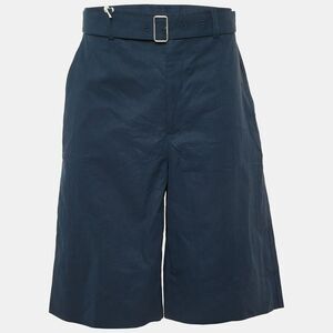 Jil Sander Marine Blue Coated Linen Wide Leg Belted Shorts M